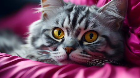 Close-up of beautiful cat with yellow eyes lying on pink pillowの素材