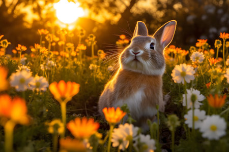 Rabbit in the meadow with daisies at sunset.の素材