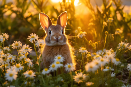 Rabbit in the meadow with daisies at sunset.の素材
