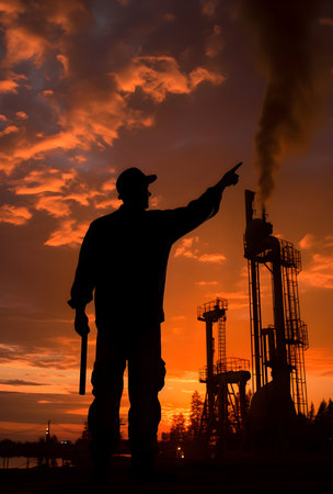 Silhouette of worker in oil and gas industry at sunset.の素材