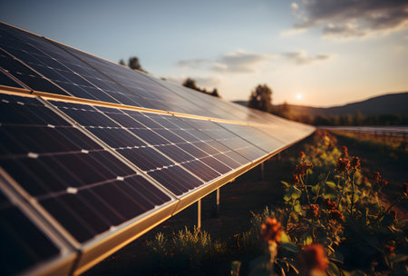 Foto de Photovoltaic panels for renewable electric production, selective focus. - Imagen libre de derechos