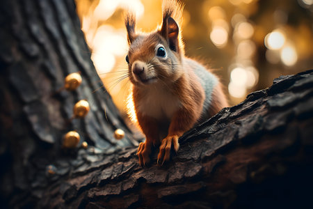 Squirrel sits on a tree in the autumn forest and looks at the cameraの素材