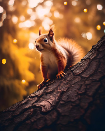 Squirrel sitting on a tree branch in the forest at sunset.の素材