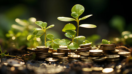 Green plant growing on pile of coins. Business and finance concept.の素材