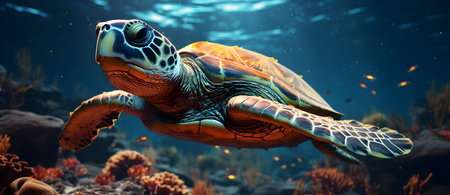 Green sea turtle in the ocean. 3D rendering. Conceptual illustration.の素材