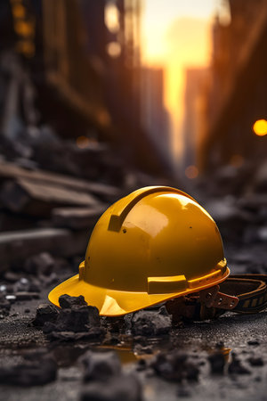 Hard hat and coal on the background of a construction site at sunsetの素材