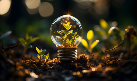 Green seedling growing inside of light bulb. Environmental conservation concept.の素材