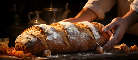 Close-up of a man's hands kneading the dough on a wooden table.の素材