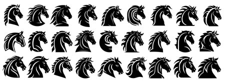 Horse head icons set. Black silhouettes on white background. Vector illustrationのイラスト素材