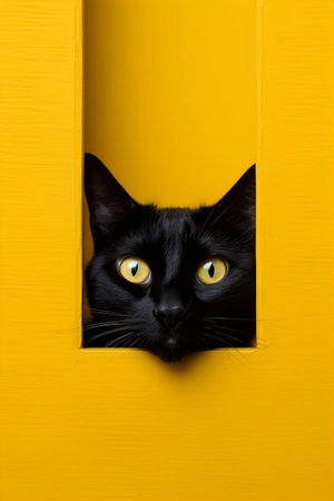 Black cat peeking out of a yellow door. Vertical shot.の素材