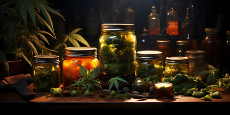 Cannabis in glass jars on a dark background. Medical marijuana concept.の素材
