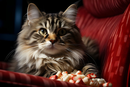 Siberian cat on the couch with candies, close upの素材