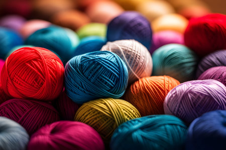 Multicolored yarn balls for knitting. Selective focus. Toned.の素材