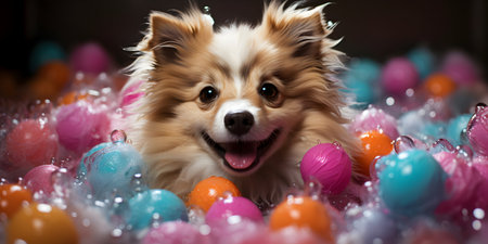 Portrait of a cute little spitz dog with colorful Easter eggsの素材