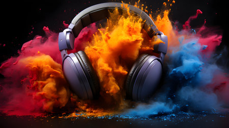 Headphones with colorful smoke on black background. Music concept. 3D Renderingの素材