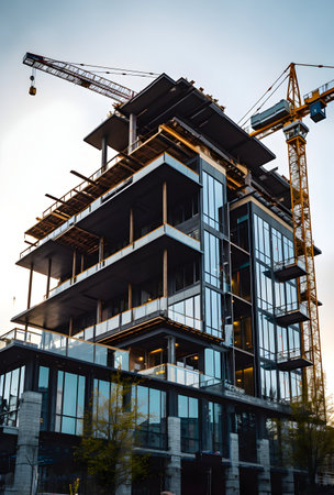 Construction of a modern office building with cranes and building materials.の素材