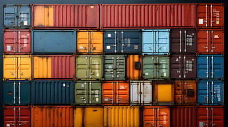 Stack of colorful freight containers at the docks. Freight transportation backgroundの素材
