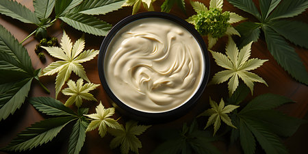 Cannabis cream in a bowl with marijuana leaves on wooden backgroundの素材