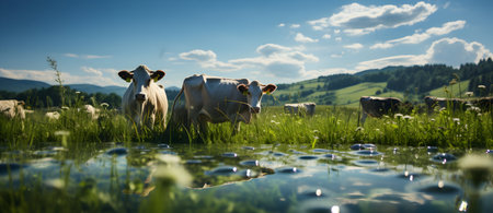 Cows in a green meadow with reflection in the water.の素材