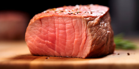 Raw beef steak with spices on a wooden cutting board, closeupの素材