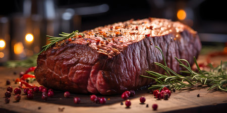 Close-up of grilled beef steak with rosemary on wooden boardの素材