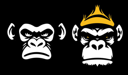 Angry upset monkey head wearing a crown, black and white graphic, white monkey face on a black background, vector illustrationのイラスト素材