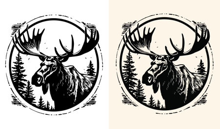 Moose silhouettes, black and white vector graphics, laser cutting, woodcutのイラスト素材