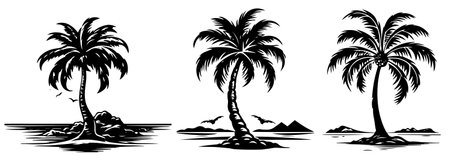 Palm trees on the island. Black silhouettes. Vector illustration.のイラスト素材