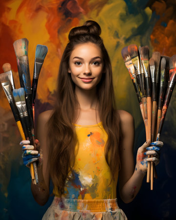Portrait of a beautiful young woman painter with paintbrushes. Studio shot.の素材