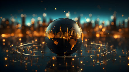 Glass globe with silhouette of the city on dark background. 3d renderingの素材