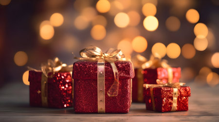 Red gift boxes on bokeh background. Christmas and New Year conceptの素材