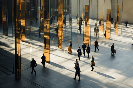 Silhouette of business people walking in a modern office building.の素材