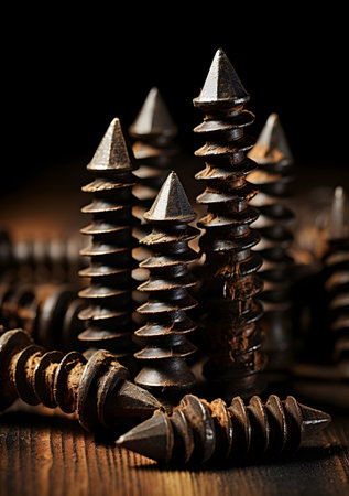 screws on a dark wooden background close-up macro photoの素材