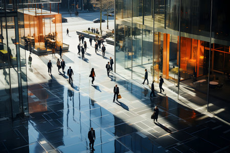 Silhouettes of people walking in front of the modern office buildingの素材