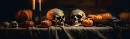 Halloween still life with pumpkins, skull and candles on wooden backgroundの素材