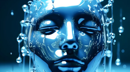 3d rendering of futuristic robot face with water drops on blue backgroundの素材