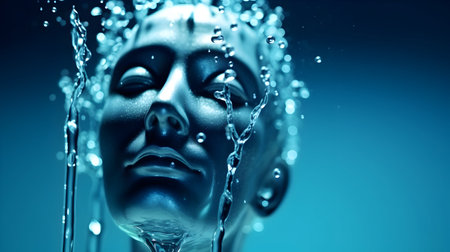 3d rendering of a female face with water splashes on a blue backgroundの素材