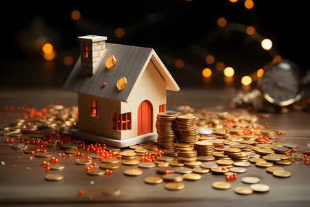 House model and coins on a wooden table with christmas lights.の素材