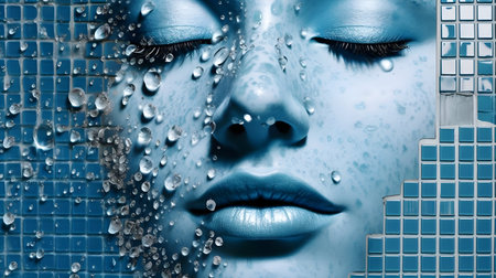 Beautiful woman face with water drops on her face. 3D renderingの素材