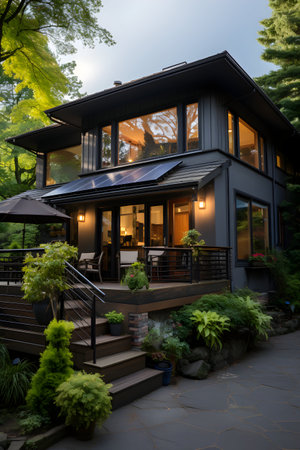 Beautiful modern house in the garden at night. Luxury house.の素材