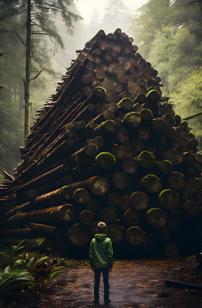 A young man in a green jacket stands in the middle of the forest with a large pile of logs.の素材