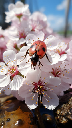 Ladybug on a branch of a blossoming apricot treeの素材