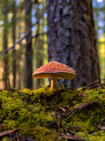 Amanita muscaria mushroom on moss in autumn forest.の素材