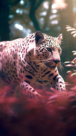 Leopard in the forest on a background of bright red leaves.の素材