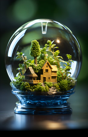 Miniature house in a glass sphere with green plants on dark backgroundの素材