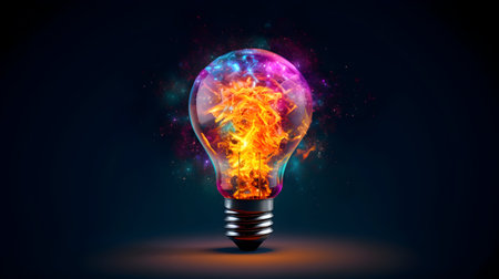 Glowing light bulb with fire inside on dark background. Vector illustrationの素材