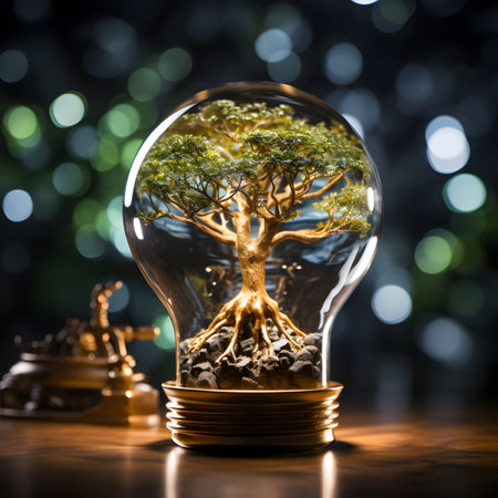 Bonsai tree in a glass light bulb with bokeh backgroundの素材