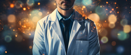 Close-up of a male doctor with a glowing brain on the backgroundの素材