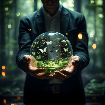 Businessman holding a glass globe with flying butterflies in the forest.の素材