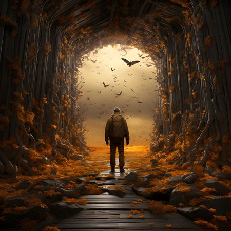 Man walking in a tunnel of orange autumn leaves. Halloween concept.の素材